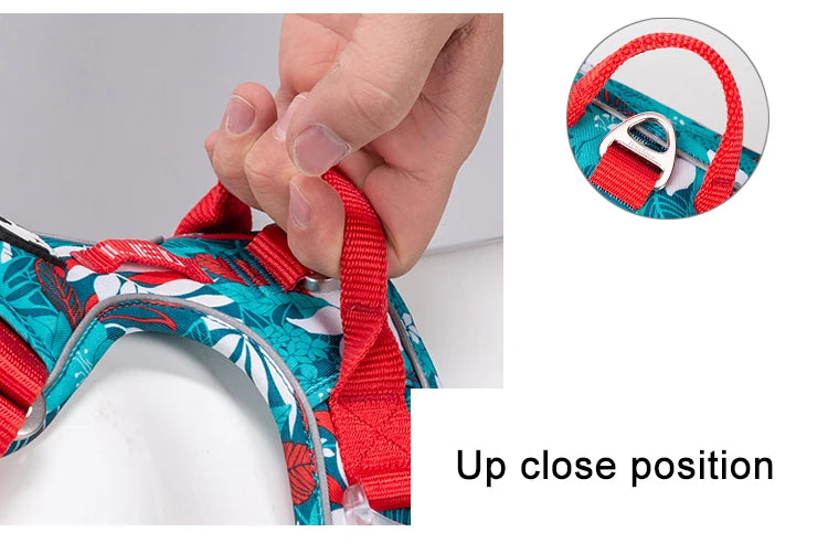 Dog harness with turquoise camouflage print, red straps, and reflective trim detail