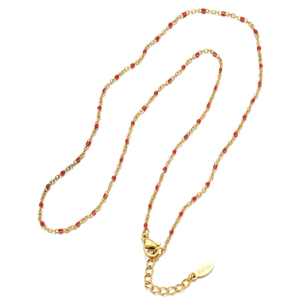 ZMZY Hot Pink Stainless Steel Link Cable Chain Fashion Gold Color Satellite Enamel Beads Necklace for Women Chic Summer Gift
