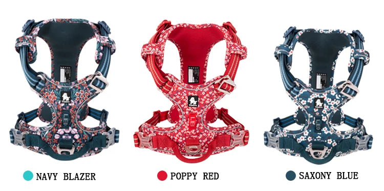 Color options for floral no-pull harness: Navy blazer, Poppy red, Saxony blue