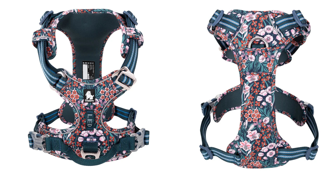 Navy floral no-pull cotton harness showing front and side strap details