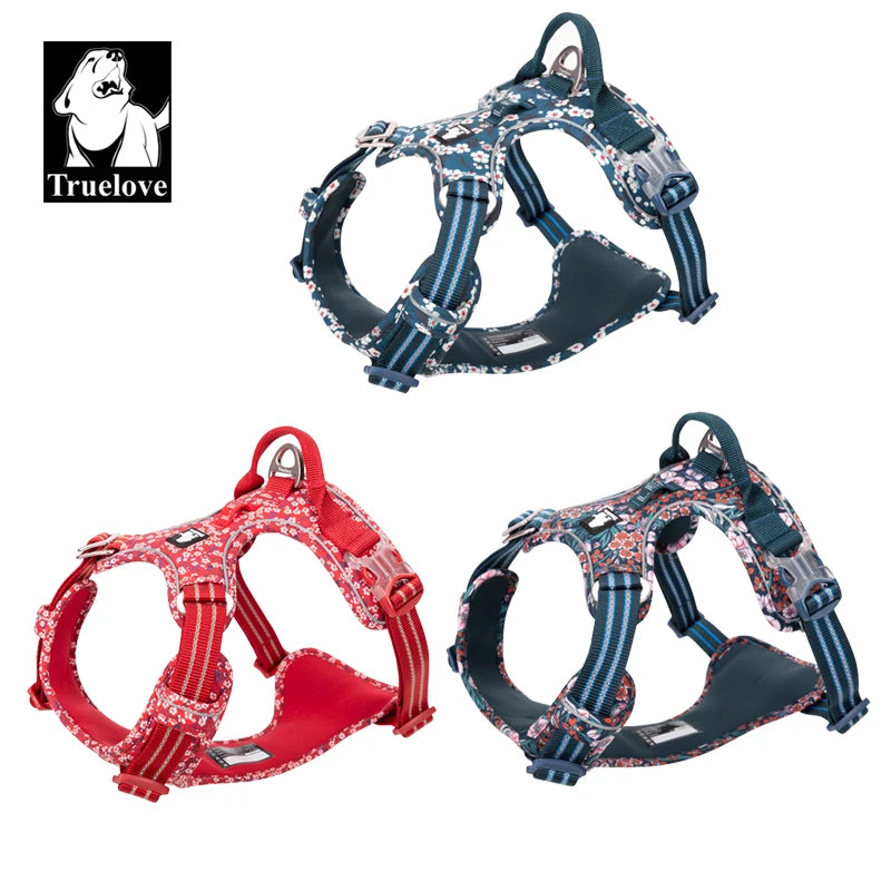 Cotton no-pull dog & cat harness set: red floral and blue floral styles