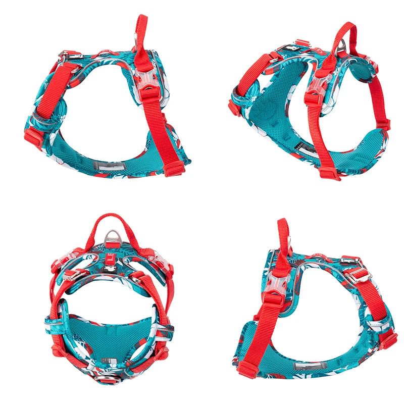 Dog harness in turquoise camouflage with red straps, shown from multiple angles
