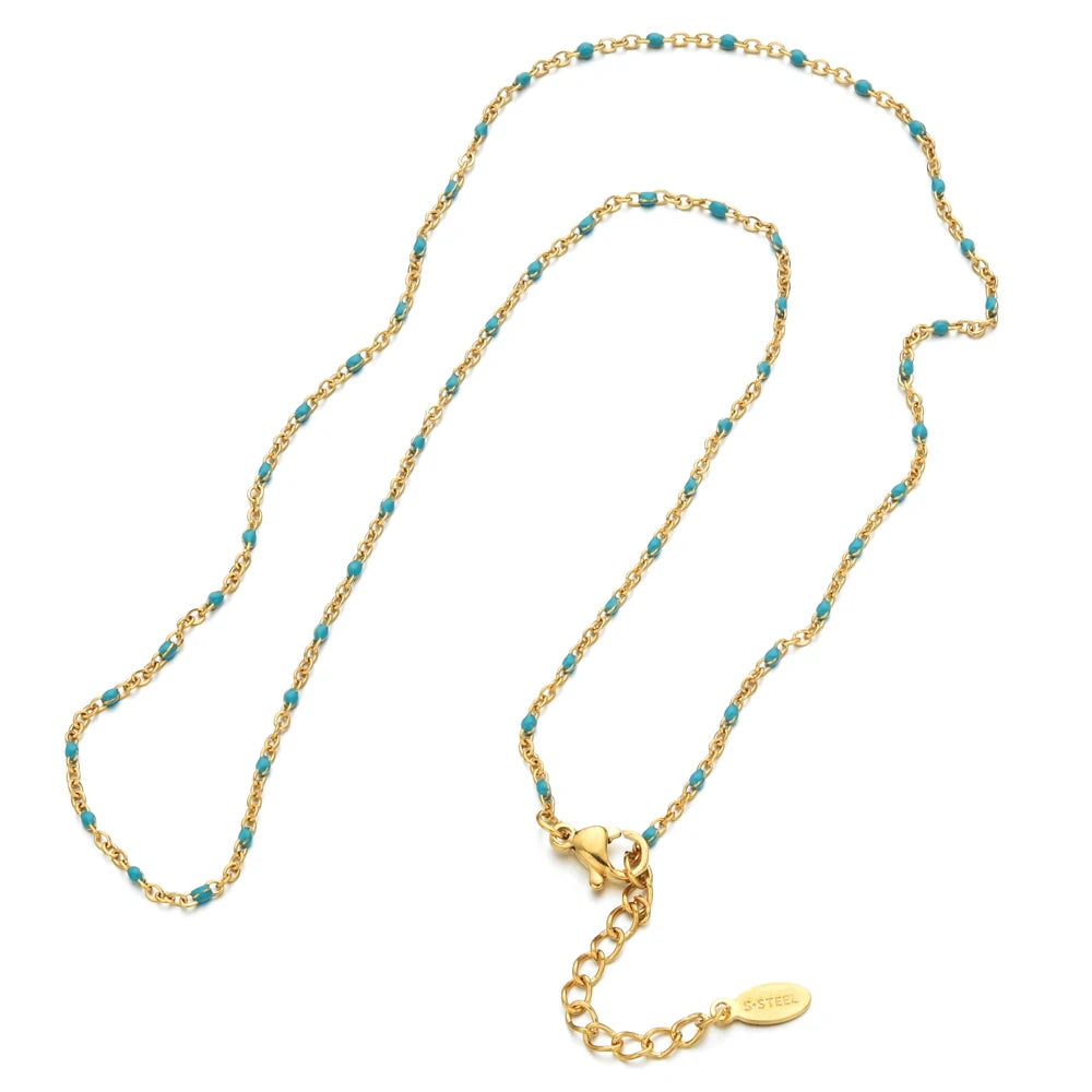ZMZY Hot Pink Stainless Steel Link Cable Chain Fashion Gold Color Satellite Enamel Beads Necklace for Women Chic Summer Gift