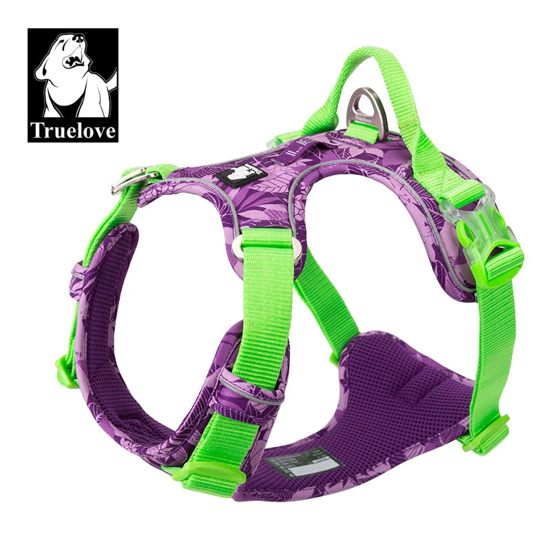 Dog harness with purple camouflage pattern and neon green straps, metal handle loop
