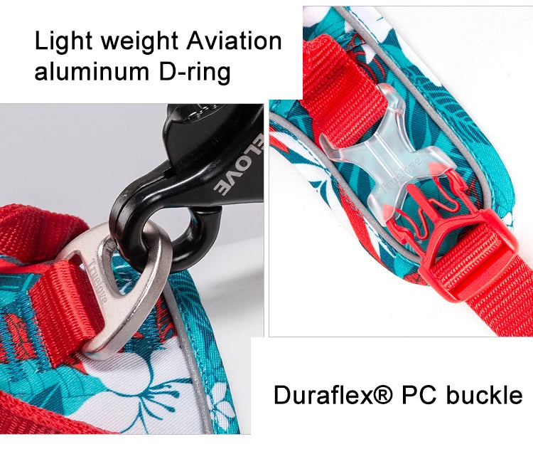 Dog harness showing aluminum D-ring and Duraflex PC buckle on turquoise-red straps