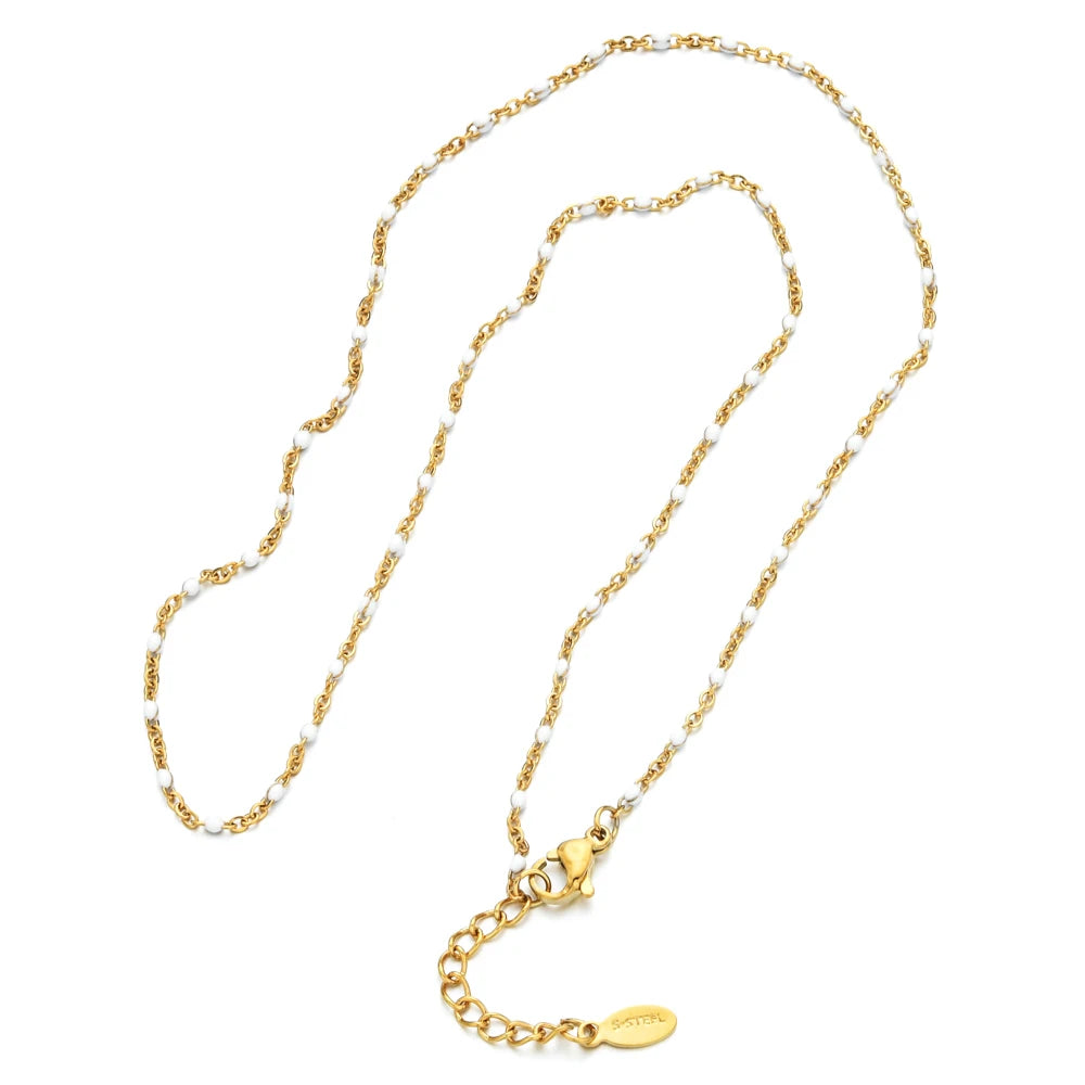 ZMZY Hot Pink Stainless Steel Link Cable Chain Fashion Gold Color Satellite Enamel Beads Necklace for Women Chic Summer Gift