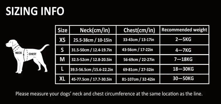 Dog harness sizing chart showing neck, chest measurements, and recommended weight