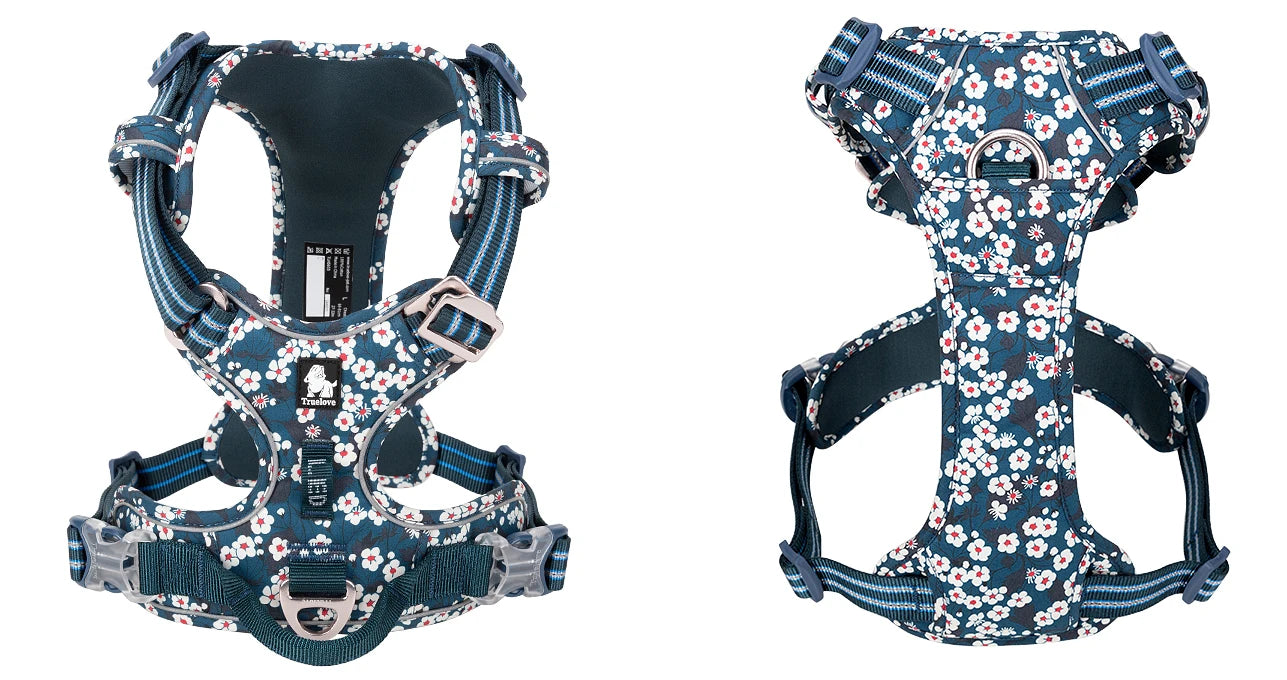 Blue floral no-pull dog harness set with front and back views on white