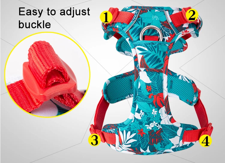 Dog harness with adjustable buckle, turquoise camouflage fabric, red and teal strap colors