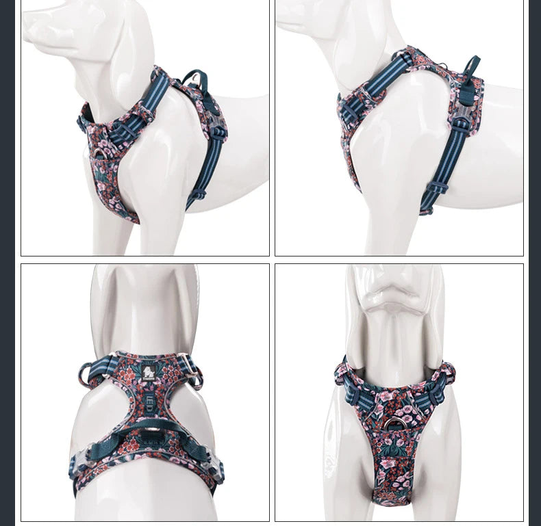 Navy floral no-pull cotton dog & cat harness on mannequin, side view
