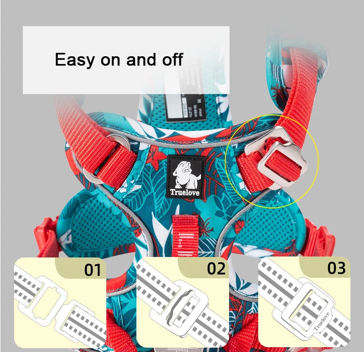 Teal and red reflective dog harness with front clips and step-by-step on/off layout