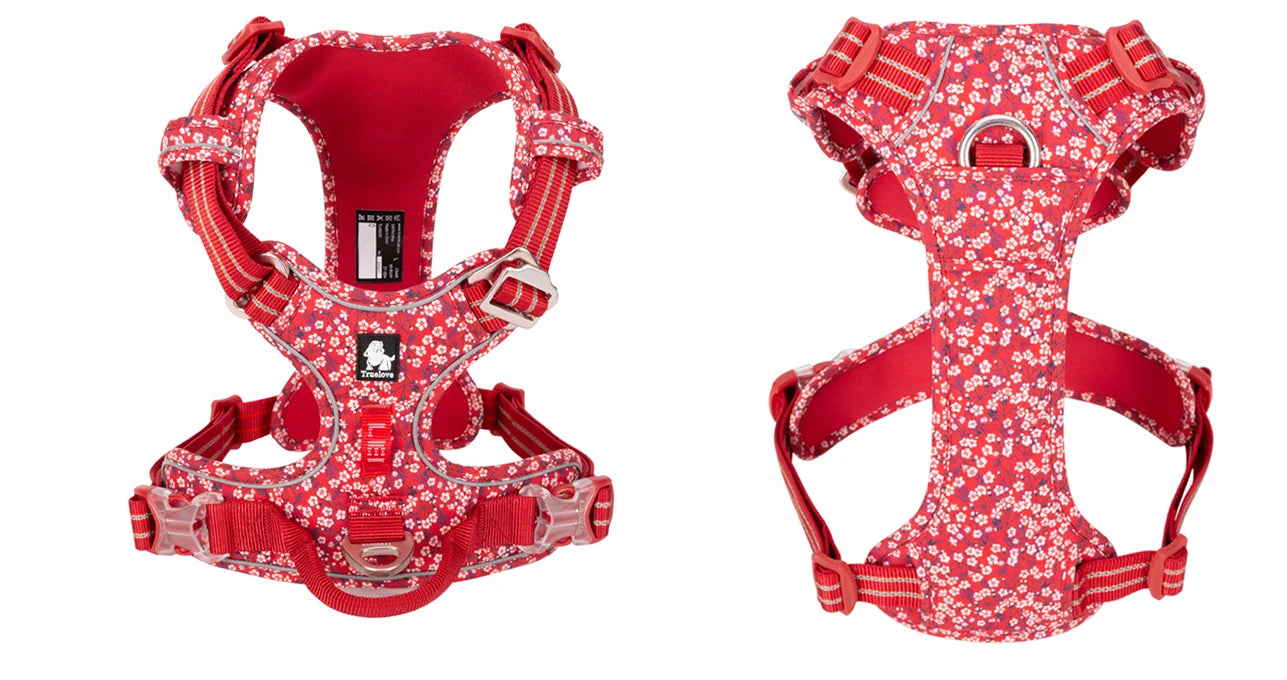 Red floral no-pull cotton harness with front vest straps and buckle