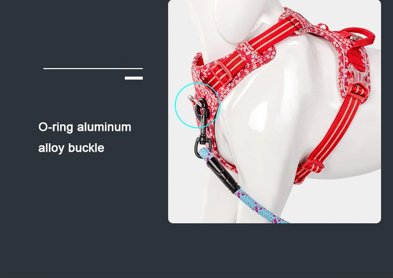 Red floral no-pull harness close-up of O-ring aluminum alloy buckle detail