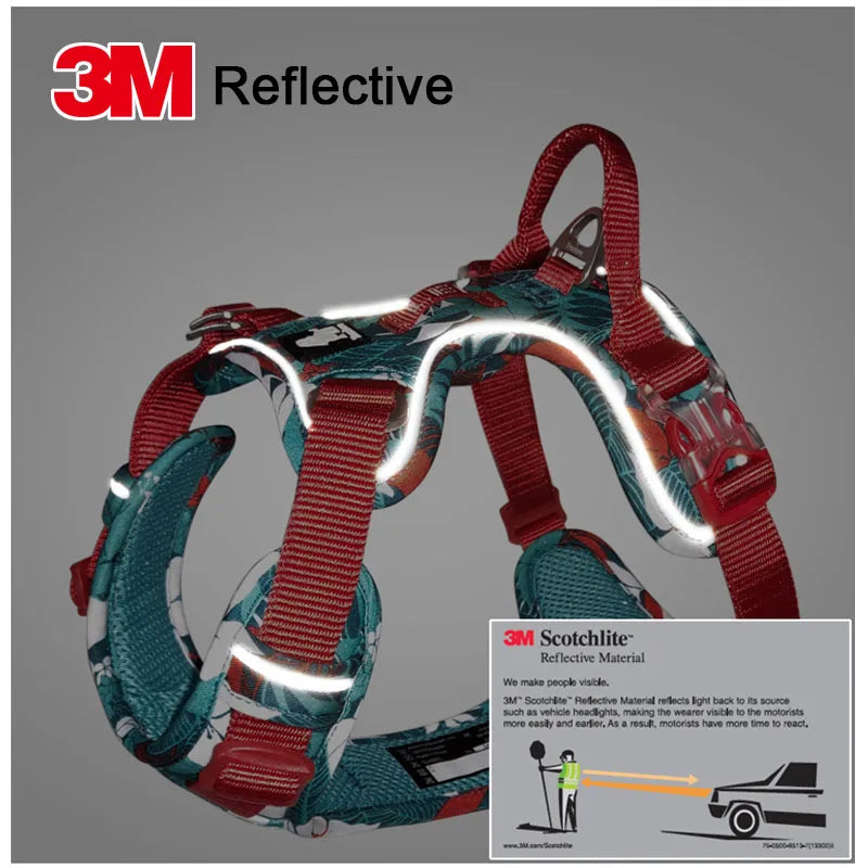 Dog harness with 3M reflective piping in teal camouflage, red straps, and metal rings