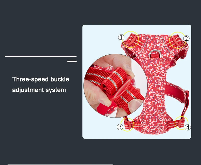 Red floral no-pull cotton dog & cat harness with adjustable buckle straps