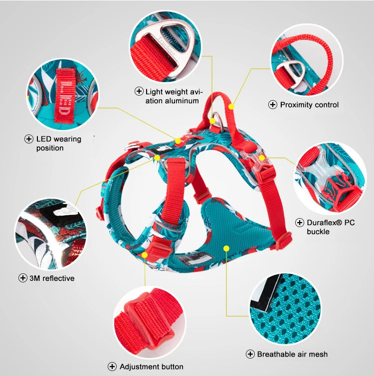 Reflective dog camouflage harness with breathable mesh and adjustable straps in teal and red