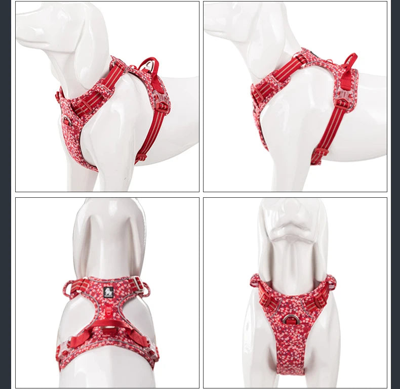 Red floral no-pull cotton dog & cat harness with adjustable chest straps