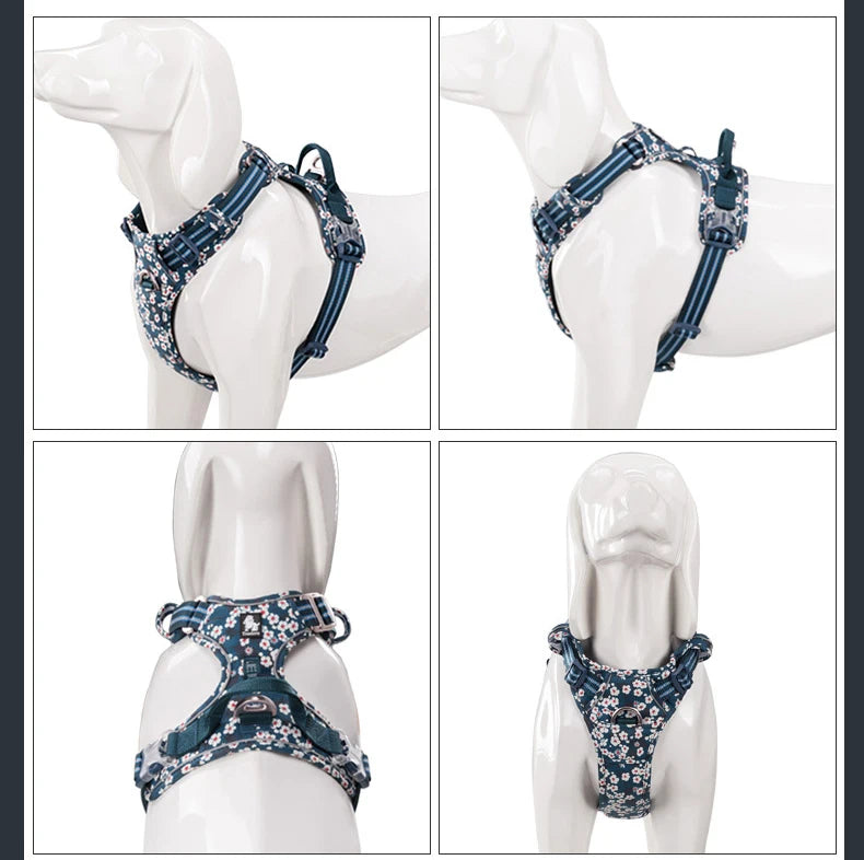 Saxony blue floral no-pull dog harness on a mannequin from multiple angles