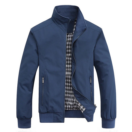 Men's slim bomber baseball jacket in blue with full zip, stand collar, ribbed cuffs