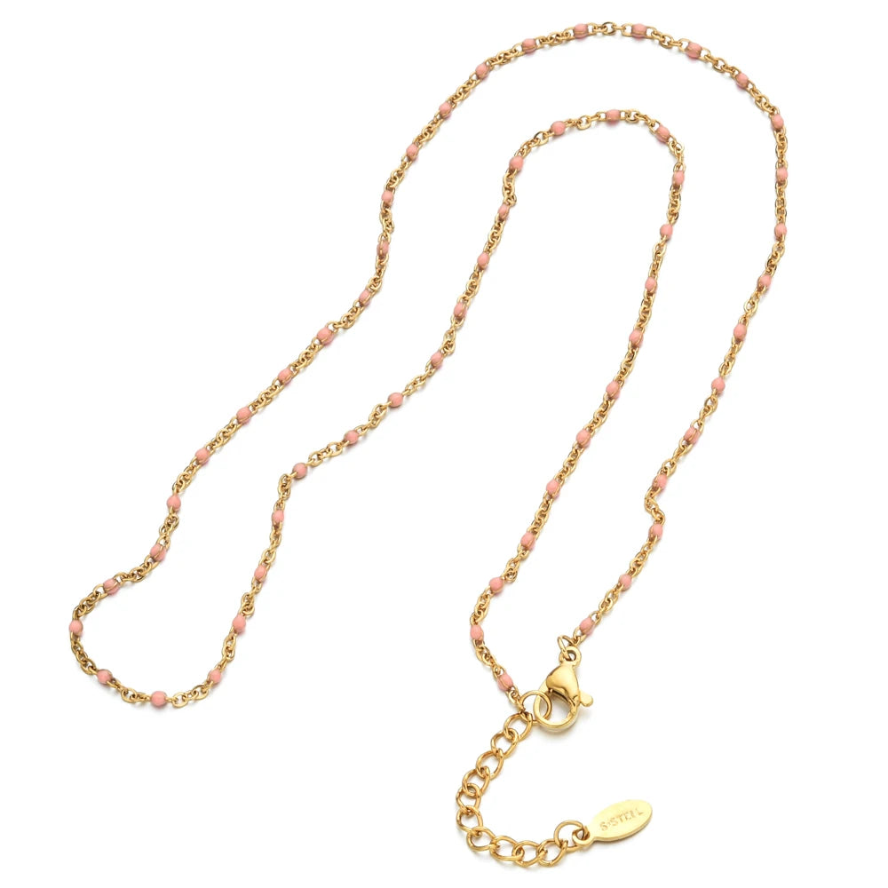 ZMZY Hot Pink Stainless Steel Link Cable Chain Fashion Gold Color Satellite Enamel Beads Necklace for Women Chic Summer Gift