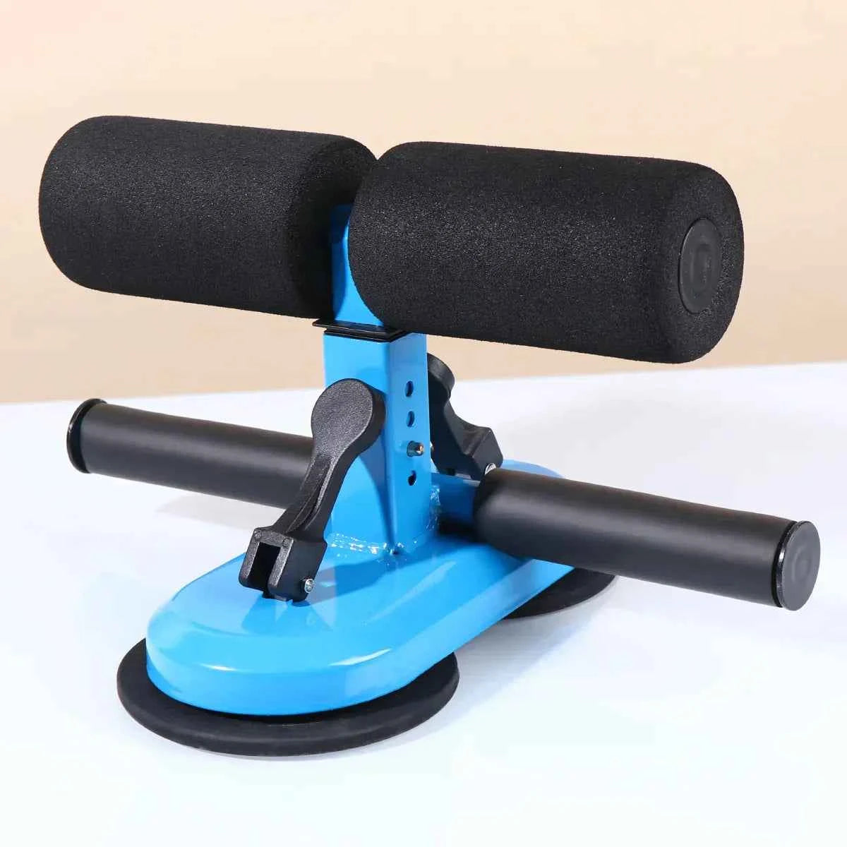 Blue base sit-up assist with two black foam rollers and curved grip bars