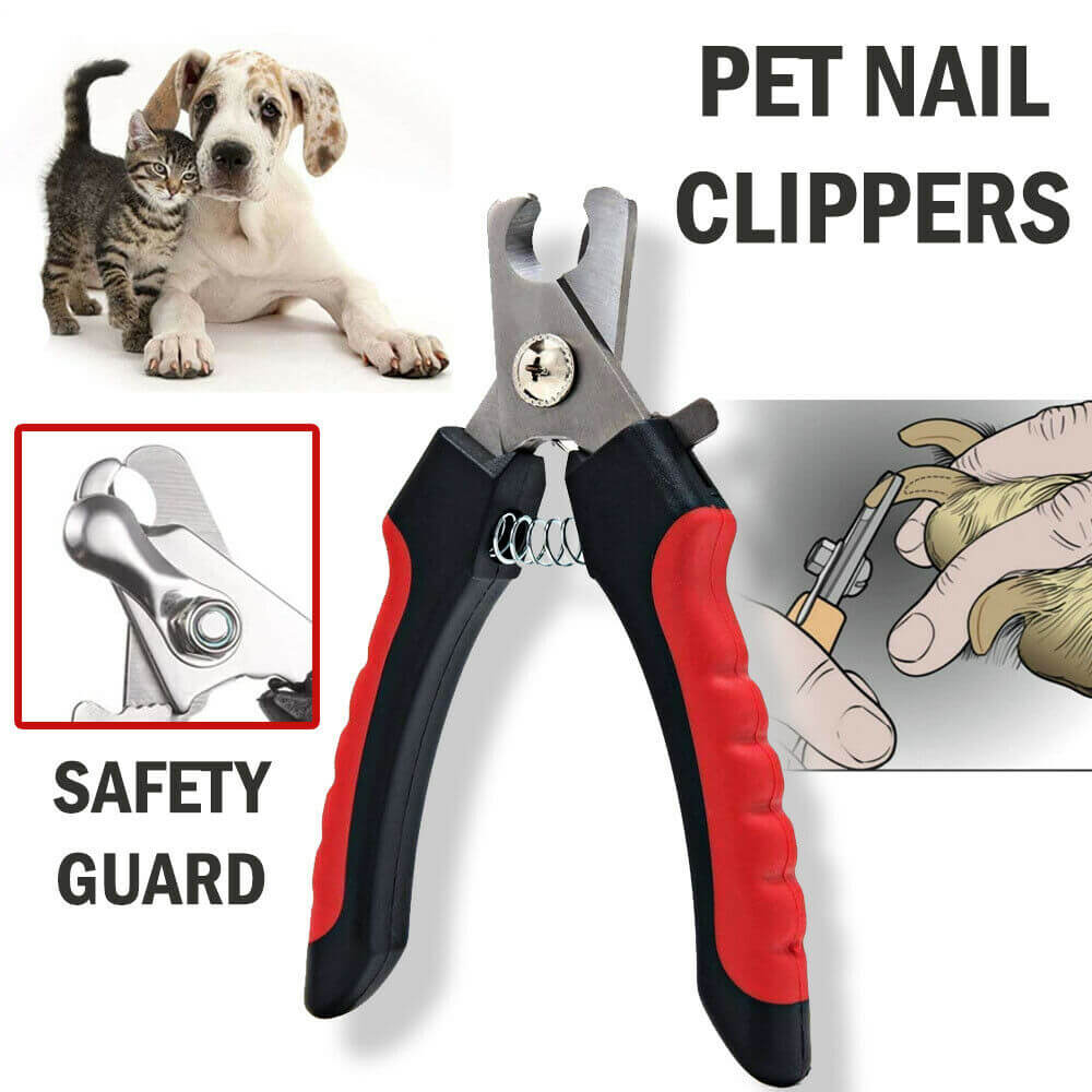 Pet nail clippers with safety guard and spring-loaded blades, black and red handles