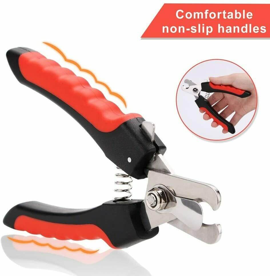 Spring-action pet nail clippers with non-slip red textured grips and black handles