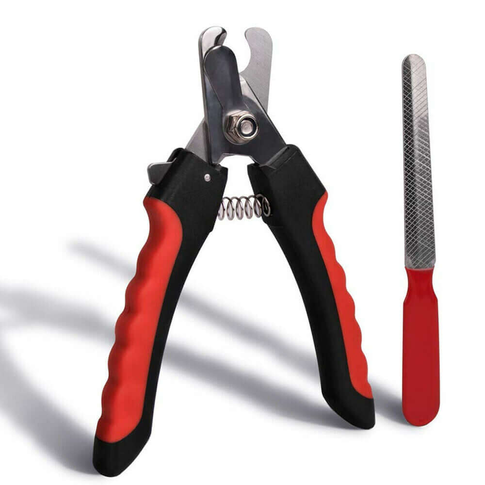 Pet nail clippers and emery nail file, black and red handles with spring mechanism