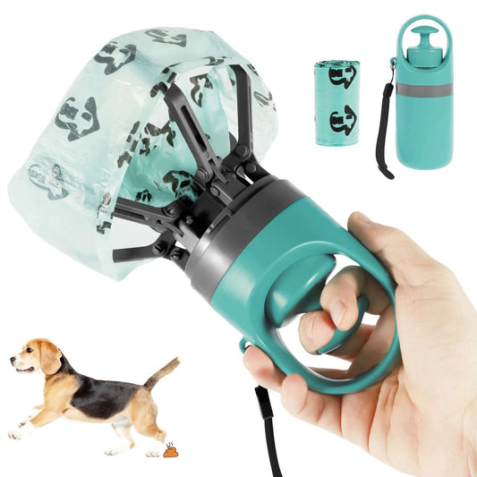 Teal pet waste bag dispenser with rolled paw-print bags and wrist strap