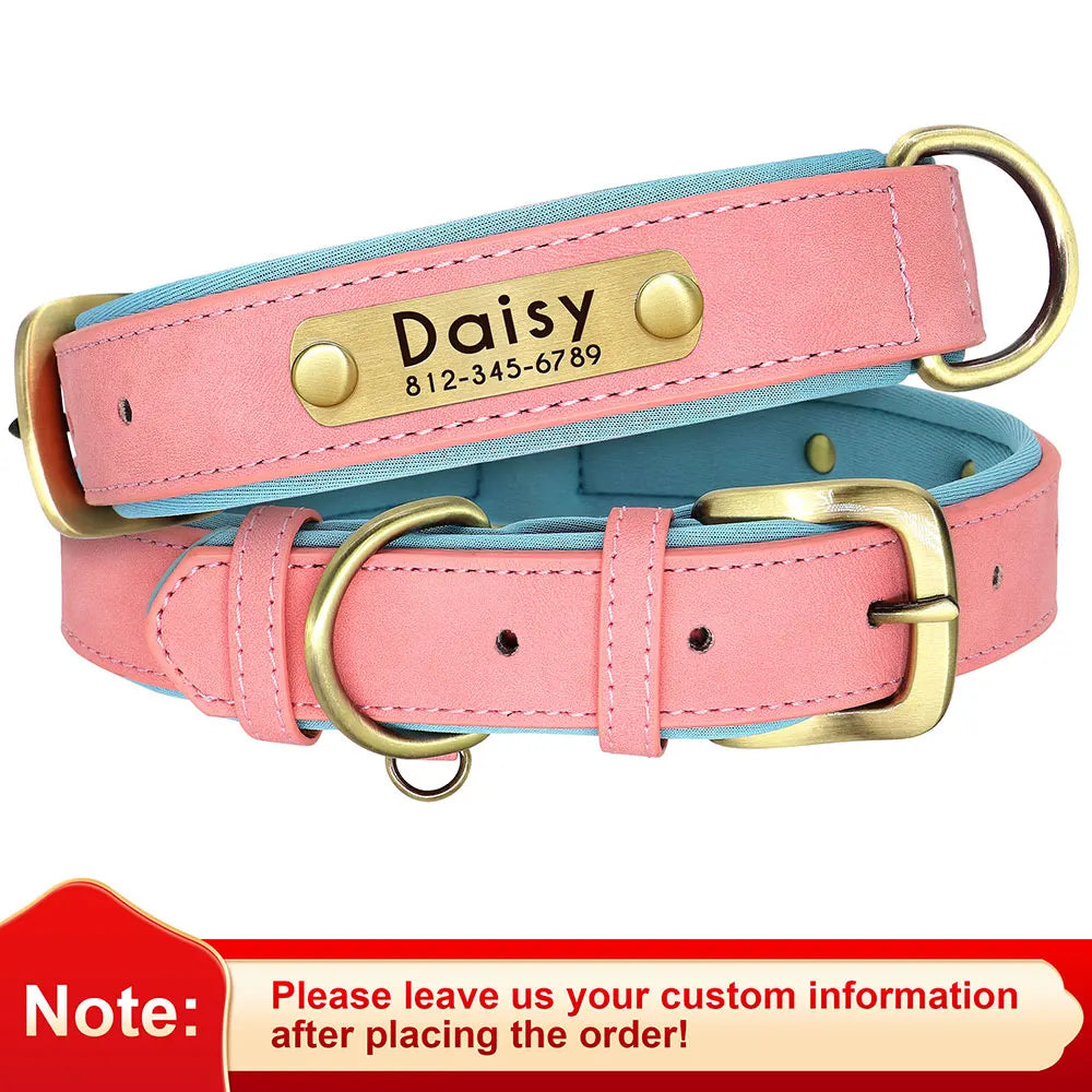 Customized PU Leather Nameplate Dog Collar Soft Padded Dogs Collars Free Engraving Name for Small Medium Large Dogs Adjustable - PrimeNest