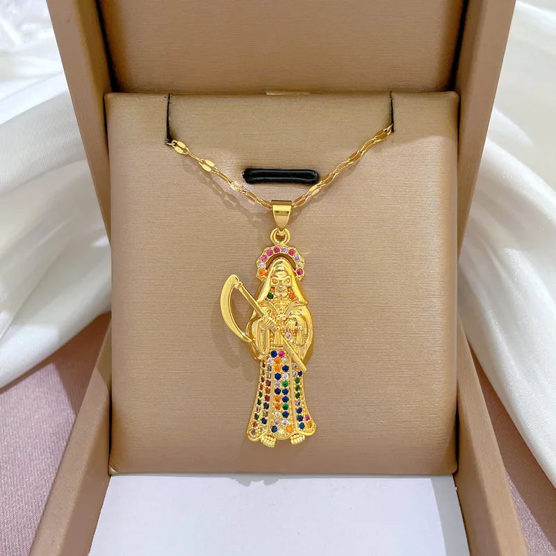 Stainless Steel Holy Death Necklace Saints Gold Color Plated Pendant Necklace Death Scythe Charms Christian Jewelry Santa Muerte