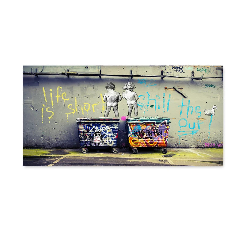 Banks Graffiti Art Fun Two Children Pulling Cloth Posters and Print Canvas Painting Wall Art Pictures for Living Room Home Decor
