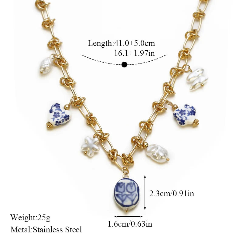 EILIECK 316L Stainless Steel Charms Pearl Star Celadon Pendant Drop Necklace For Women Golden Popular Summer Fashion Jewelry