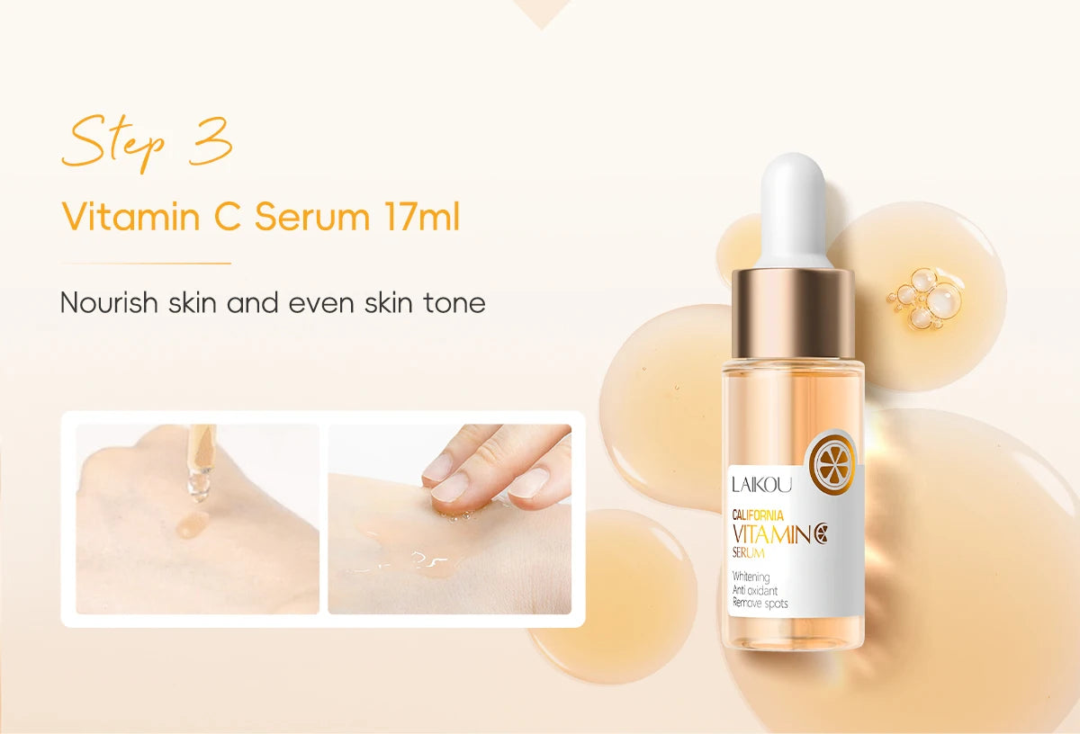 LAIKOU VITAMIN C Skincare Set Brightening 5Pcs Kit Even Skin Tone Smooth Wrinkle Tighten Pores Cleanser Toner Serum Eye Cream - PrimeNest