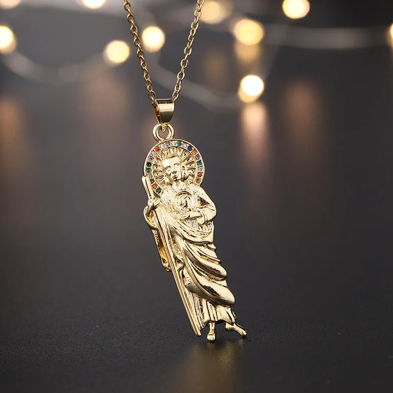 Stainless Steel Holy Death Necklace Saints Gold Color Plated Pendant Necklace Death Scythe Charms Christian Jewelry Santa Muerte