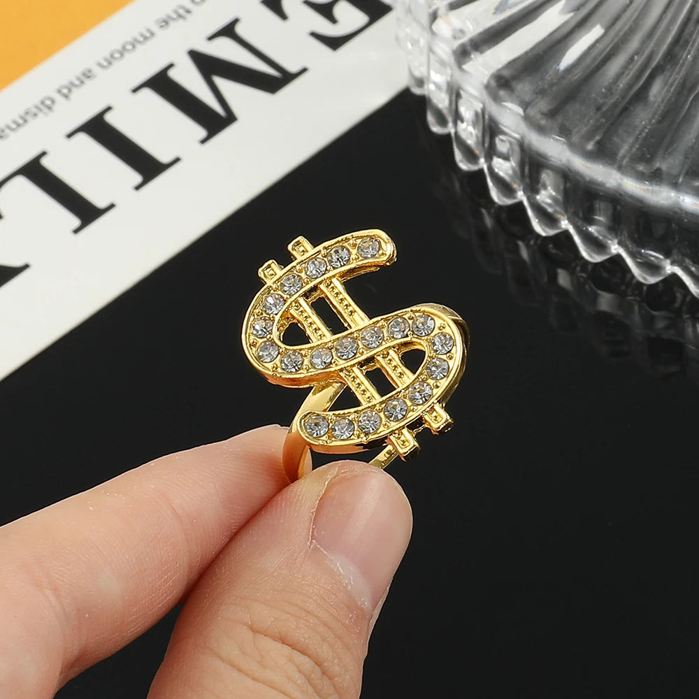 Adjustable Open Ring with Crystal Dollar Sign Punk Rapper Style Costume Jewelry for Trendy Fashion Accessory