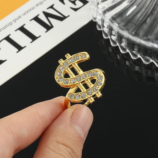 Adjustable Open Ring with Crystal Dollar Sign Punk Rapper Style Costume Jewelry for Trendy Fashion Accessory