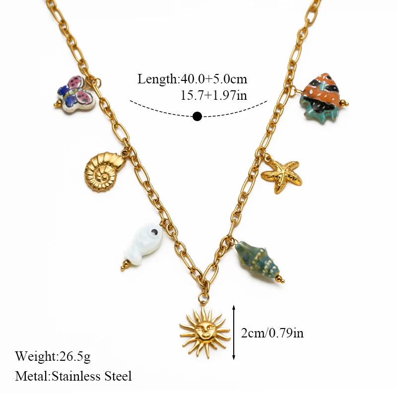 EILIECK 316L Stainless Steel Charms Pearl Star Celadon Pendant Drop Necklace For Women Golden Popular Summer Fashion Jewelry
