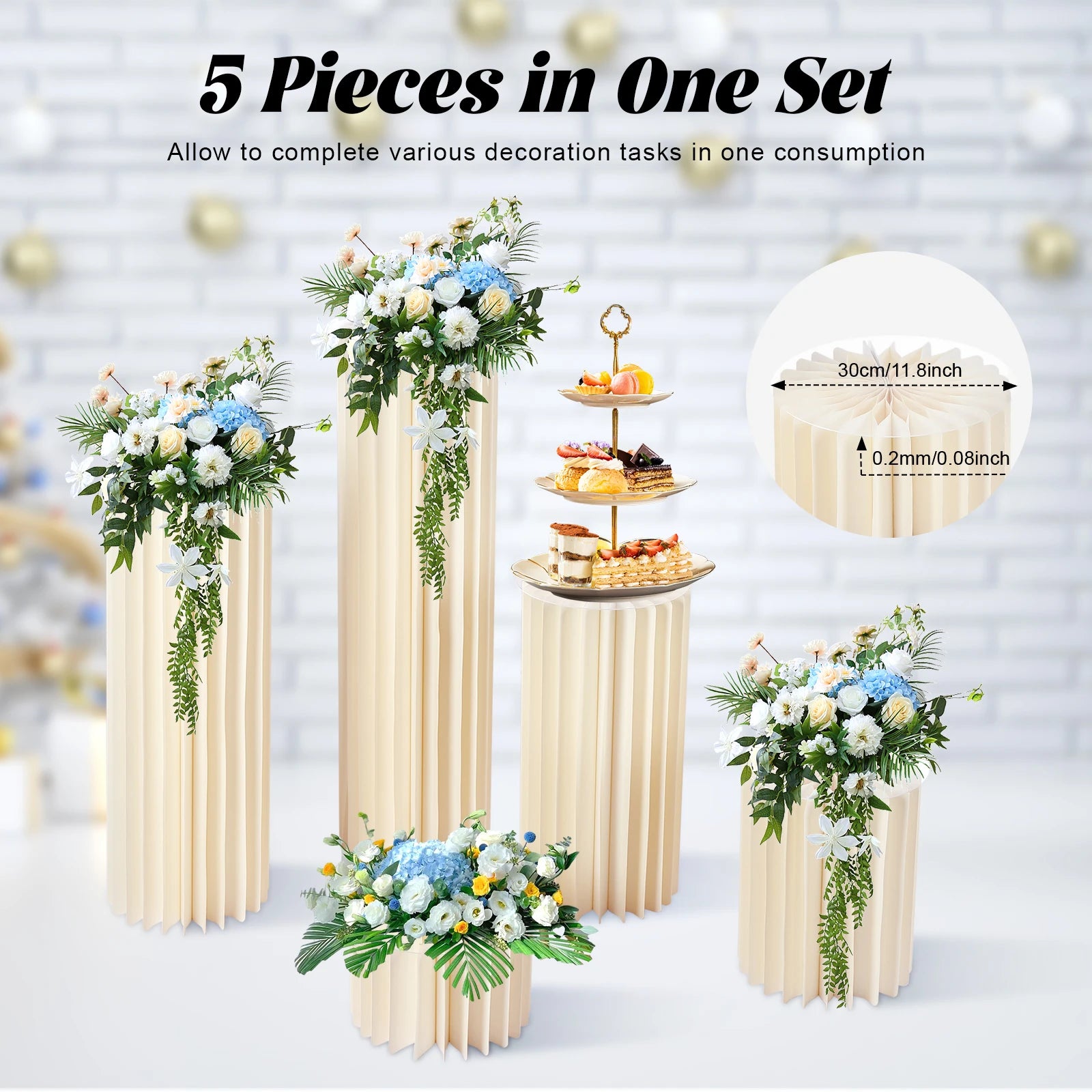 Five-piece milky white cardboard flower stands, different heights for flower or dessert display
