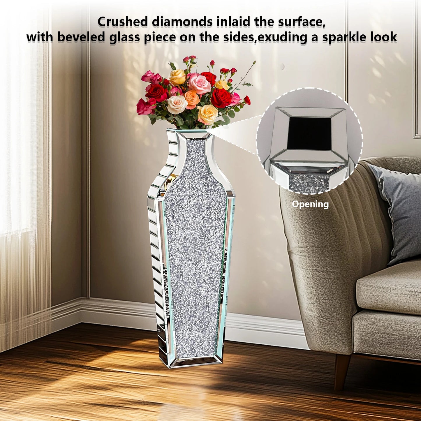 Crushed Diamond Floor Vase | Silver Mirrored Glass