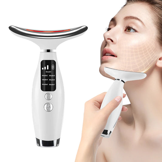White LED face and neck lifting massager with curved head and control buttons
