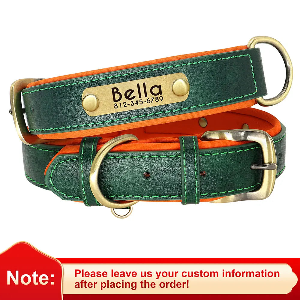 Customized PU Leather Nameplate Dog Collar Soft Padded Dogs Collars Free Engraving Name for Small Medium Large Dogs Adjustable - PrimeNest