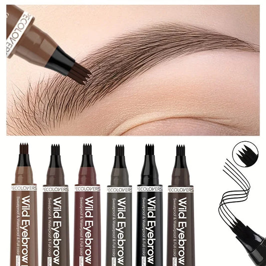 Waterproof eyebrow pen with four-prong tip, shown applying eyebrow strokes.