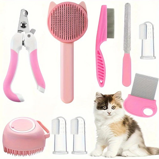 8-piece cat grooming kit in pink and white: slicker brush, comb, nail clippers, tools