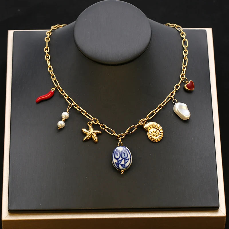 EILIECK 316L Stainless Steel Charms Pearl Star Celadon Pendant Drop Necklace For Women Golden Popular Summer Fashion Jewelry
