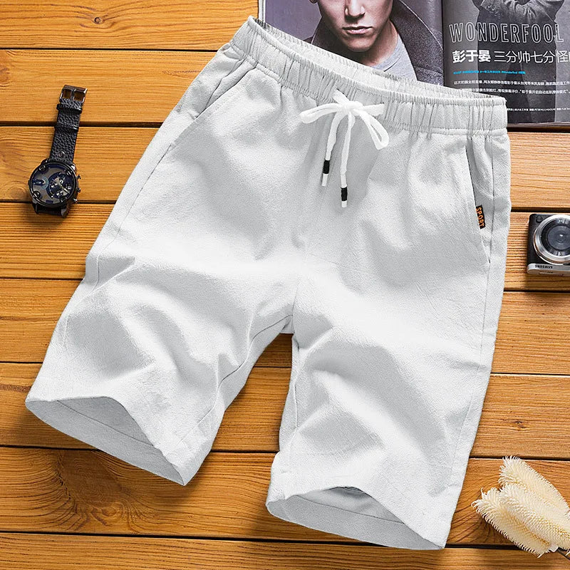 Men's casual drawstring shorts with elastic waist, white knee-length