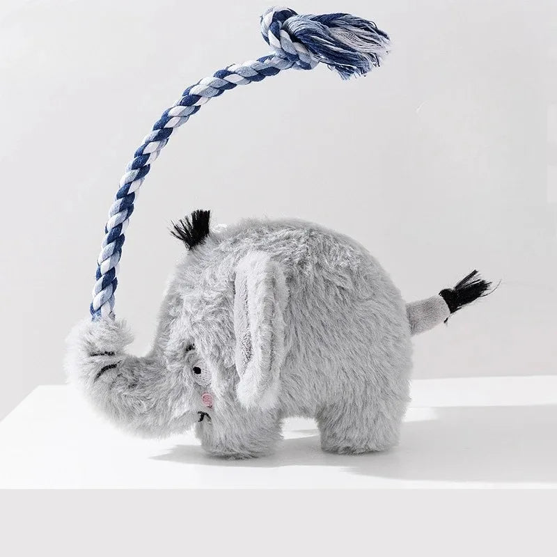 Gray plush elephant dog toy with braided rope handle and long trunk face