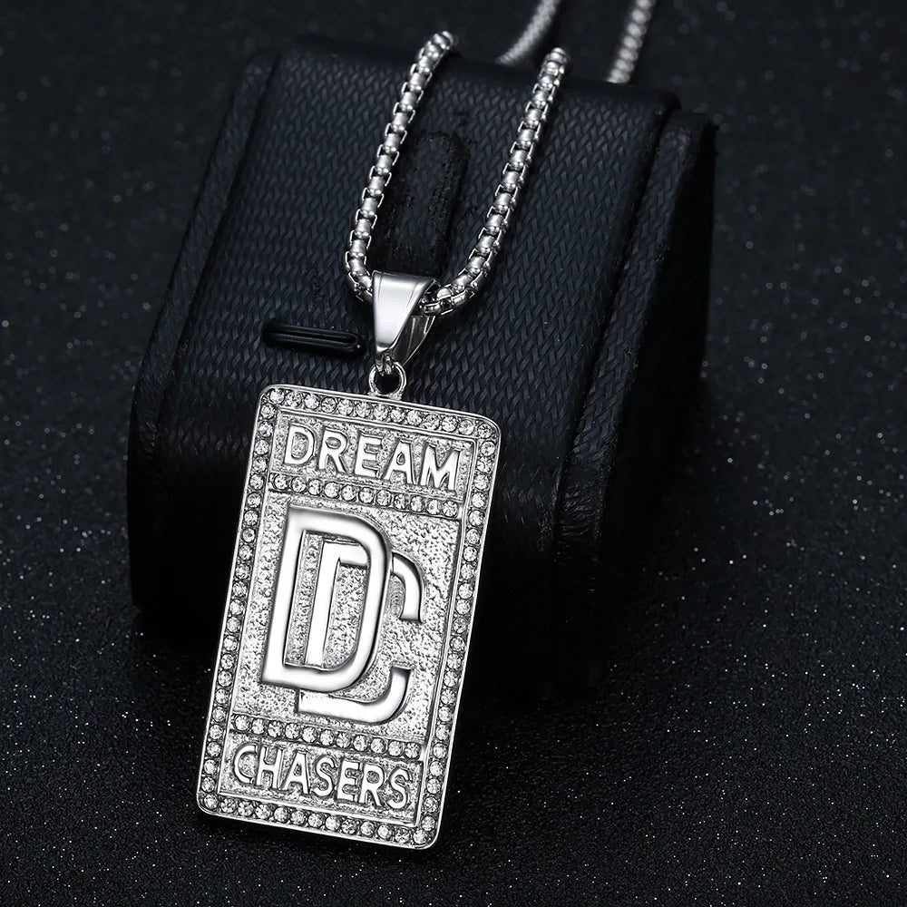 ULJ  Hip Hop Chase Dream Pendant Stainless Steel Nekclace AAA Bling Reinstones  Iced out For Man Woman Waterproof Jewelry