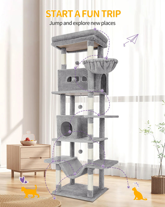 Multi-level grey cat tree tower with platforms, ramps, and enclosed hideaway