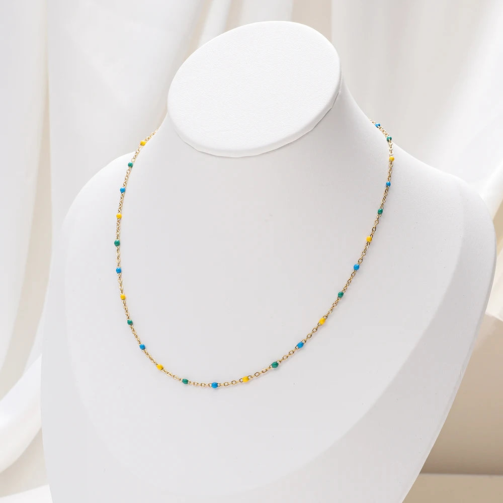 ZMZY Hot Pink Stainless Steel Link Cable Chain Fashion Gold Color Satellite Enamel Beads Necklace for Women Chic Summer Gift